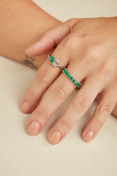 Double Cut Silver Ring, White Rhodium, Natural Green Agate  + Give Fun Gift